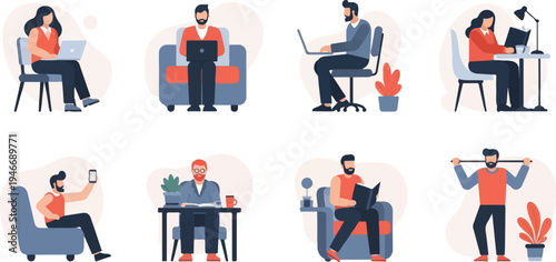 Diverse people engaged in various activities like working, reading, and exercising (1)