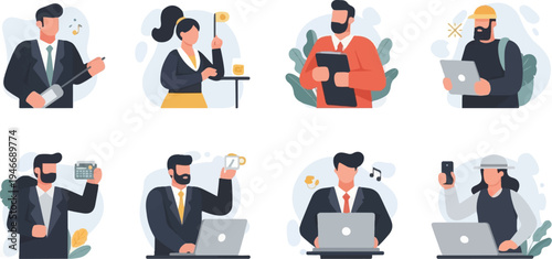 Colleagues engaged in work, coffee breaks, and personal tasks on laptops