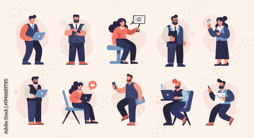 Business professionals interacting with digital devices and data visualization