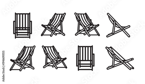 Deck Chair Collection Different Angles Simple Line Art Icons Beach Lounger Set