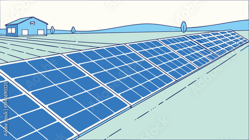 Solar panels installed on a modern sustainable farm with a blue farmhouse and rural landscape in a minimalist flat vector illustration style.