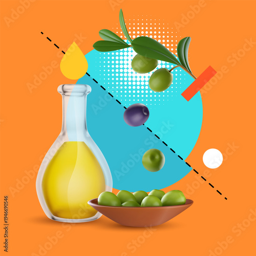 3D vector fashion illustration featuring glass bottle of extra virgin olive oil and wooden bowl filled with fresh green olives. Modern composition collage with abstract geometric shapes for Mediterran