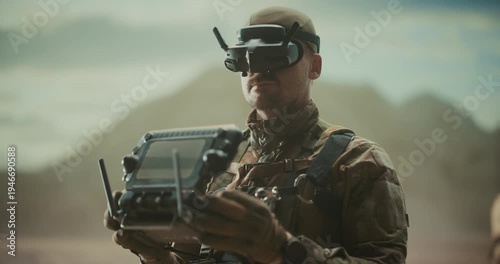 Special Forces Drone Pilot Wears FPV headset and Operates a Ground Station in Desert Terrain, AI UAV Reconnaissance, Surveillance, Target Strike, Battlefield. High-tech War Military Operation.