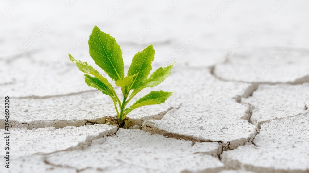 Fototapeta premium Small green plant sprouting through dry cracked earth. New life growing in parched soil. Symbol of hope, resilience, and environmental conservation against climate change and global warming.