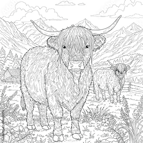 Cute Highland Cow and Calf Coloring Pages Bundle for Kids