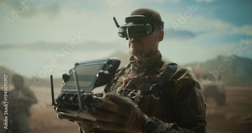 Drone Controlling Soldier Uses FPV Headset to Direct AI UAV Reconnaissance, Target Hit, Enemy Tracking, Route Security, Battlefield Surveillance During a Military Desert War