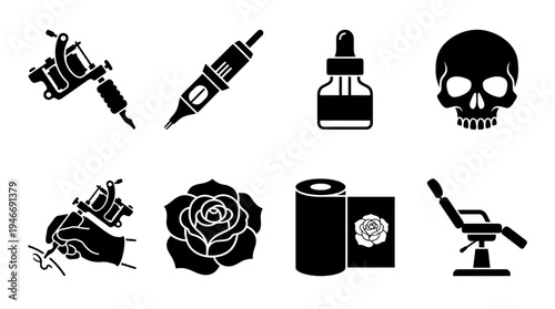 Tattoo Icons Vector – Art Tools, Medical Elements, Skull, Rose Graphic