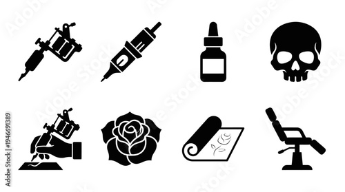 Tattoo Icons Vector – Art Tools, Medical Elements, Skull, Rose Graphic