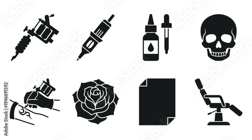 Tattoo Icons Vector – Art Tools, Medical Elements, Skull, Rose Graphic