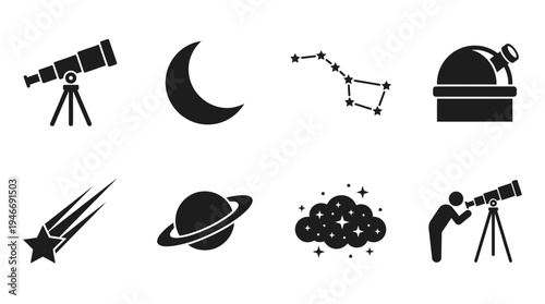 Astronomy Icons Vector – Space Observation, Celestial Symbols, Stargazing Graphic