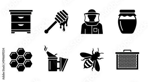 vector,beekeeping,icon,bee,honey,hive,box,dipper,jar,suit,smoker,frame,honeycomb,pattern,tool,equipment,apiculture,production,keeper,apiary,swarm,nectar,wax,comb,drone,queen,worker,sting,insect,agricu