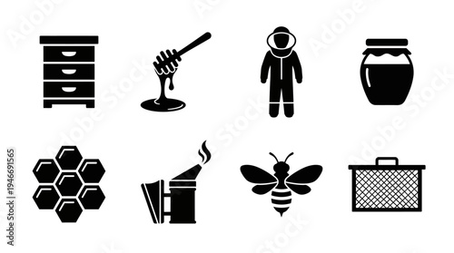 vector,beekeeping,icon,bee,honey,hive,box,dipper,jar,suit,smoker,frame,honeycomb,pattern,tool,equipment,apiculture,production,keeper,apiary,swarm,nectar,wax,comb,drone,queen,worker,sting,insect,agricu