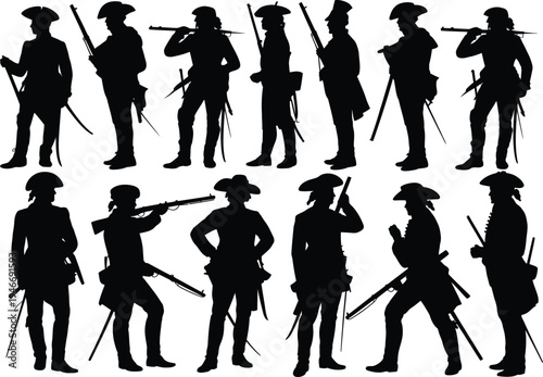  Historical military soldiers in period uniforms silhouette set for war history education, heritage museum content, veteran tribute, and armed forces documentary design