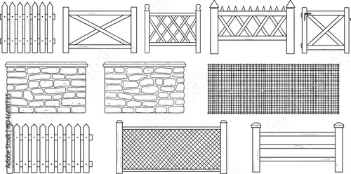 Fence and wall set collection, garden picket and stone barrier, wooden gate and wire mesh, line art vector illustration isolated.