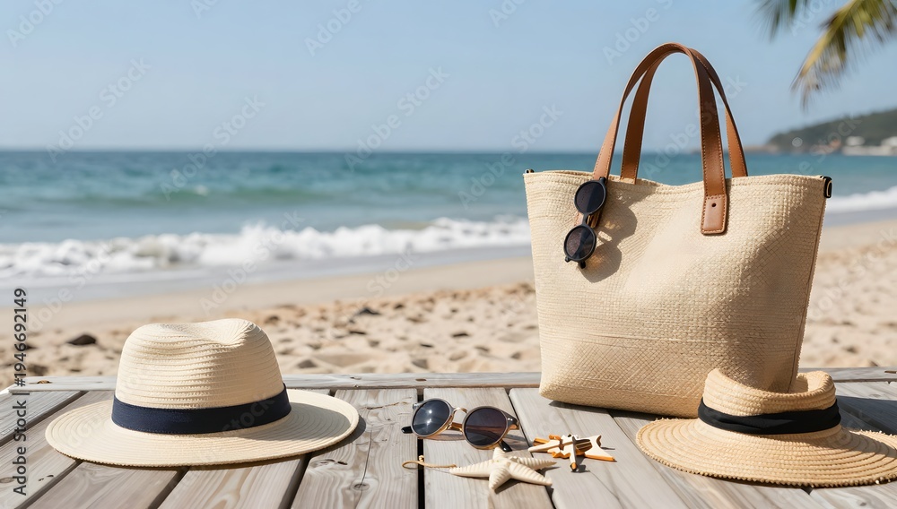 Obraz premium Beach essentials arranged on a wooden surface overlooking the ocean in summer sunshine