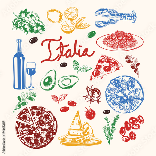 Colorful Handdrawn Italian Cuisine and Food Doodles with Pizza Seafood and Wine