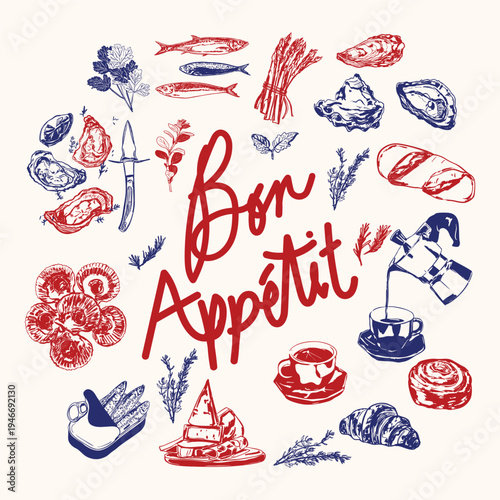 Retro Bon Appetit French Food Doodles Illustration with Pastries Wine and Cheese