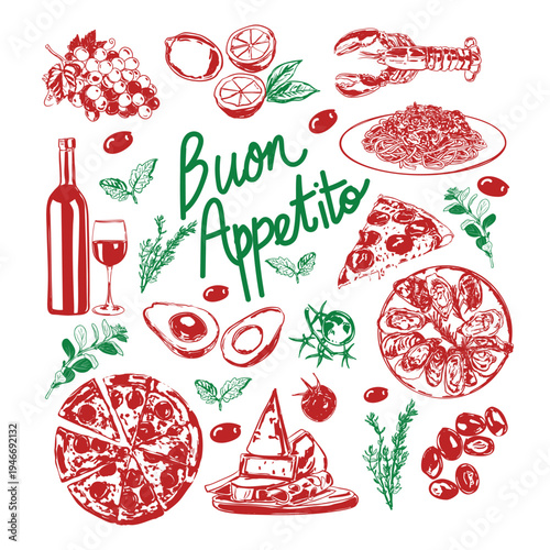Bon Appetito Italian Food and Drinks Illustration Poster