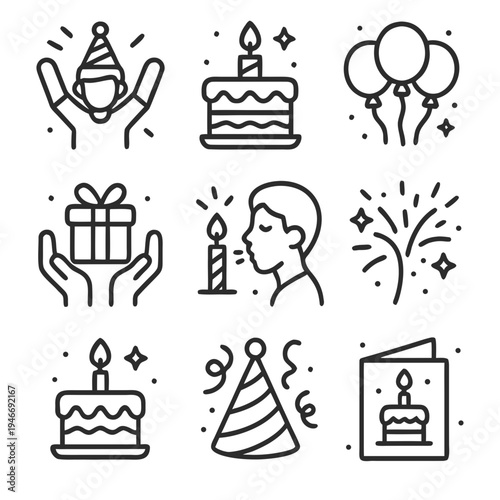 Birthday celebration elements  cake, balloons, gifts  perfect for party invitations, greeting cards, or social media posts. Festive design.