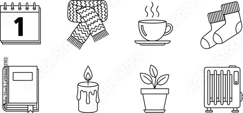 Winter cozy icon set collection, calendar scarf and hot coffee cup, candle book socks and heater, line art vector illustration.