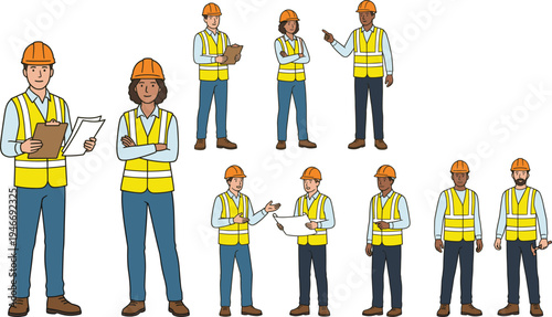 Construction engineer and worker team characters, builders wearing safety helmets and reflective vests discussing blueprints vector illustration isolated professional construction industry design