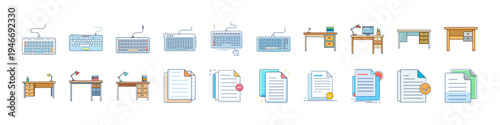 Flat Office Furniture and Workspace Icons Set - Colorful flat icon collection featuring desks, office tables, workstations and cabinets representing workplace furniture, office interiors and workspace