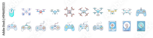 Flat Gaming and Drone Technology Icons Set - Colorful flat icon collection featuring drones, quadcopters, game controllers and location pins representing gaming, aerial technology and digital entertai