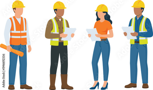 Construction engineers and workers character set, builders with safety helmets and reflective vests holding blueprints vector illustration isolated professional construction team design