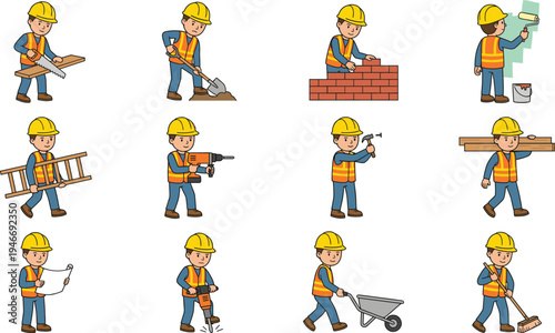Construction worker actions set with tools, builder performing carpentry painting drilling bricklaying and cleaning tasks vector illustration isolated handyman profession character collection