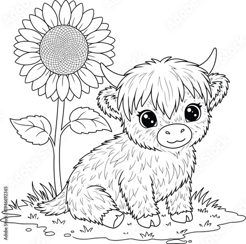 Cute Highland Cow and Flowers Coloring Pages Bundle for Kids