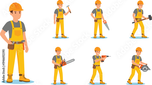 Construction worker carpenter character set with tools, builder using hammer saw drill chainsaw and circular saw vector illustration isolated handyman profession design