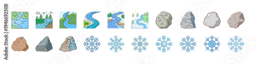 Flat Nature Terrain Icons with Mountains Rivers - Colorful flat icon set featuring map tiles, rivers, mountains, rocks, soil and snowflakes representing nature landscapes, geography and environment el