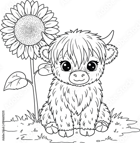 Cute Highland Cow and Flowers Coloring Pages Bundle for Kids