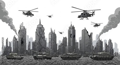 Cityscape with helicopters and smoke.