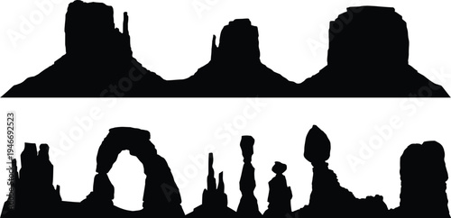 Desert rock formations silhouette set, canyon landscape cliffs and natural stone arches collection, western desert mountains vector illustration isolated nature scenery design