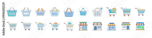 Flat Shopping Basket and Cart Icons Set - Colorful flat icon collection showing shopping baskets, carts and storefronts representing retail purchase, supermarket shopping and ecommerce concepts.