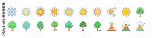 Flat Weather and Nature Icons Sun Trees - Colorful flat icon set featuring sun variations, trees and camping tents representing weather conditions, nature landscape and outdoor adventure themes.