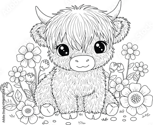 Cute Highland Cow and Flowers Coloring Pages Bundle for Kids