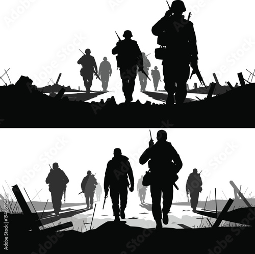 Military soldiers and civilian group silhouette for humanitarian crisis, conflict displacement, refugee awareness, and war impact editorial design