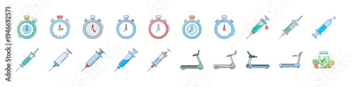 Flat Icons Set with Stopwatch Syringe Scooter - Colorful flat icon collection featuring stopwatches, medical syringes, kick scooters and mobility aids representing healthcare, sport timing and urban t