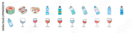 Flat Food and Drink Icons Sushi Bottles Wine - Colorful flat icon collection featuring sushi, sandwiches, water bottles and wine glasses representing food, beverages, dining and restaurant menu graphi