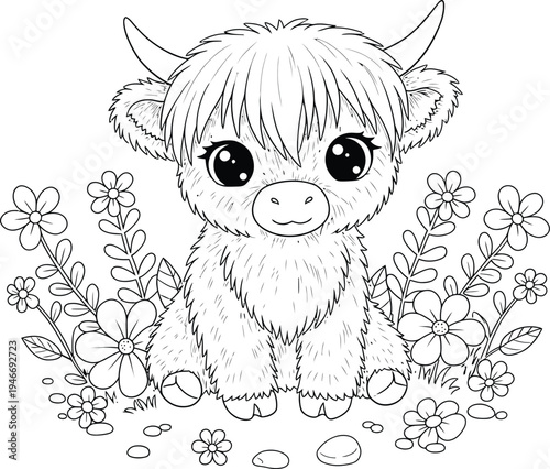Cute Highland Cow and Flowers Coloring Pages Bundle for Kids