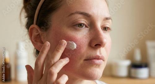 Woman applying medicated cream to red irritated skin