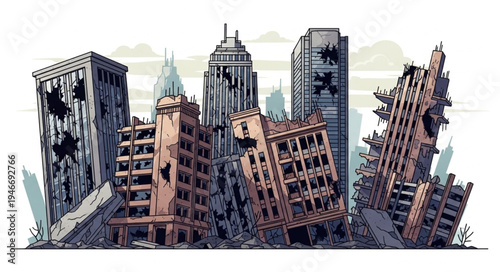 Collapsed City Skyscrapers in Ruins.