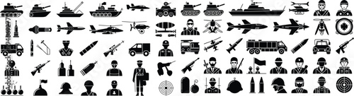 Military ground vehicle and soldier icon collection for defense training materials, strategy simulation games, and armed forces educational design