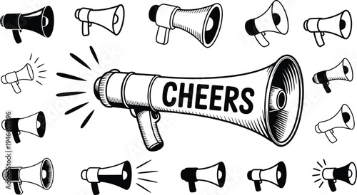 Megaphone loudspeaker icons set with cheering announcement concept, hand drawn megaphone vector illustration isolated communication marketing promotion and public announcement design