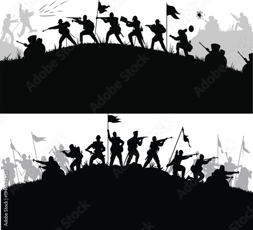  Military soldiers charging across battlefield carrying flag silhouette for war history, patriotic tribute, veteran honor, and armed forces awareness content