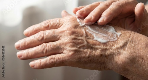 Senior hands applying moisturizing cream on wrinkled skin