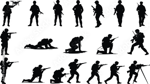 Military soldier silhouettes set with rifles and combat poses, army infantry tactical positions vector illustration isolated defense forces soldiers collection