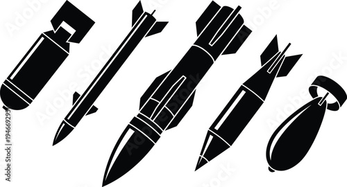 Missile and bomb silhouette weapon set, military rocket projectile icons collection, aviation warfare ammunition symbols vector illustration isolated defense weapon design